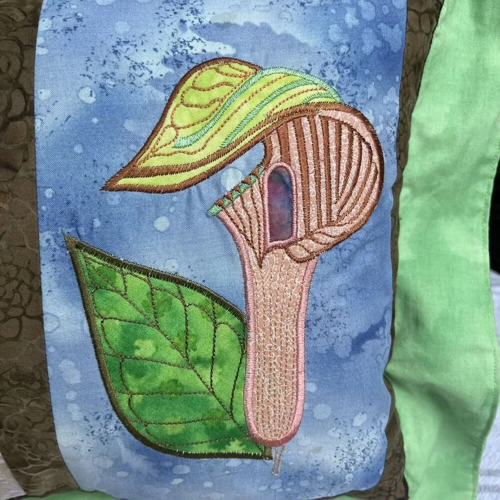 Vtg Quilted Batik Floral Throw Pillow 20” Appliqué Lily Cottagecore Botanical
